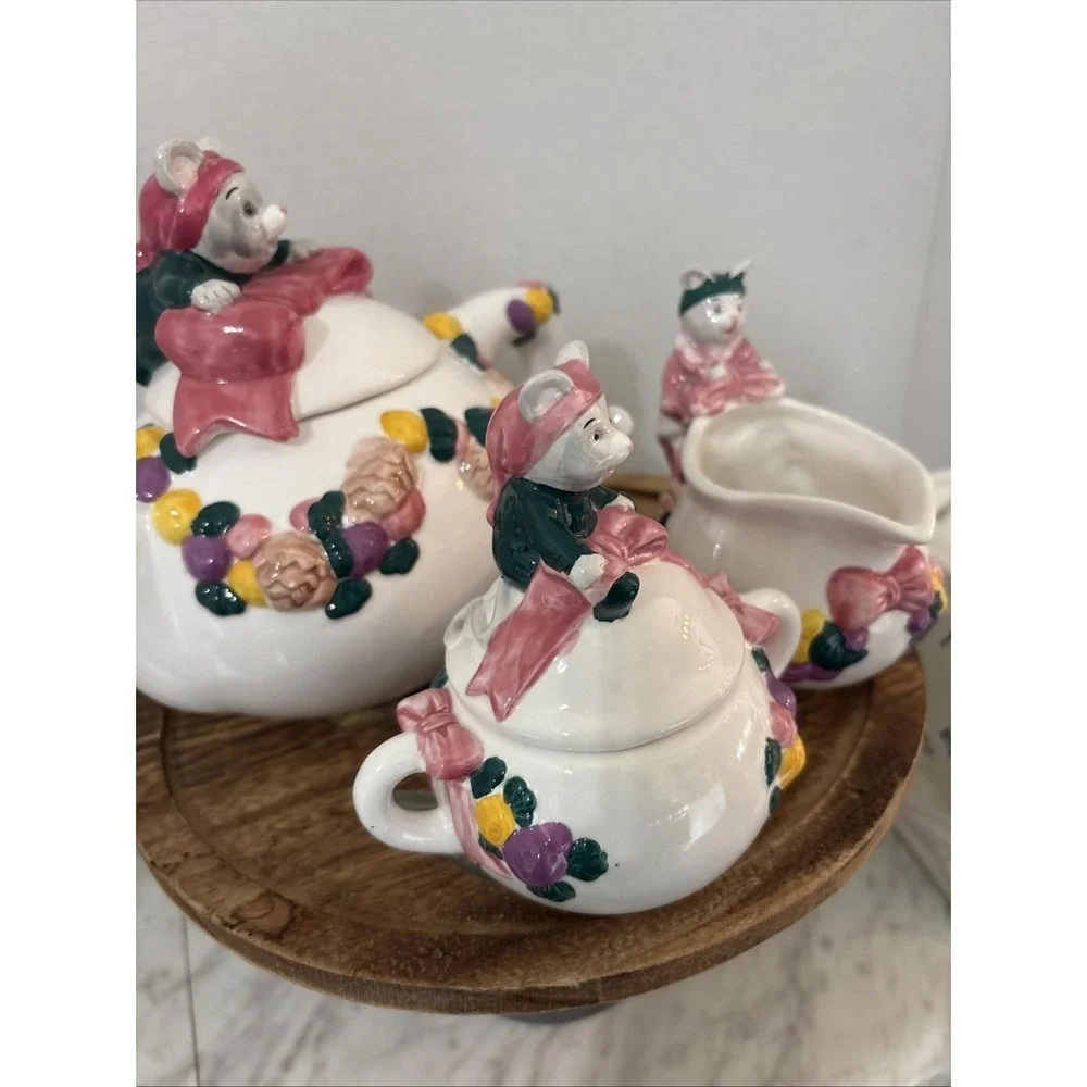 Cat Mouse Applause Inc 5 Pc Set Tea Pot Creamer Napkin Holder Lids Clock Pink